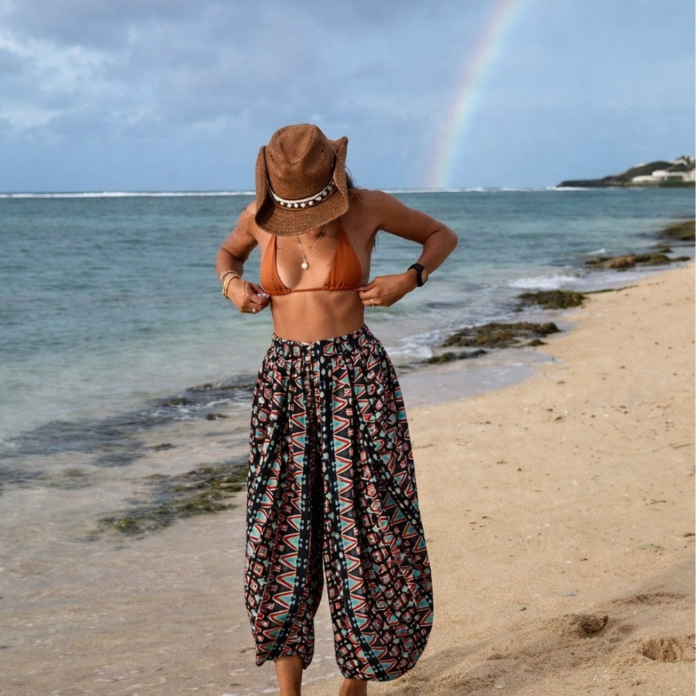 Anokhi | Printed Barrel Leg Cropped Lounge Culottes Pants in Multi size Small
